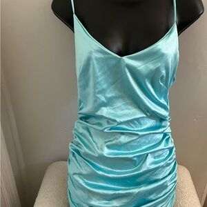 Satin Ruched Slip Dress in Aqua Blue